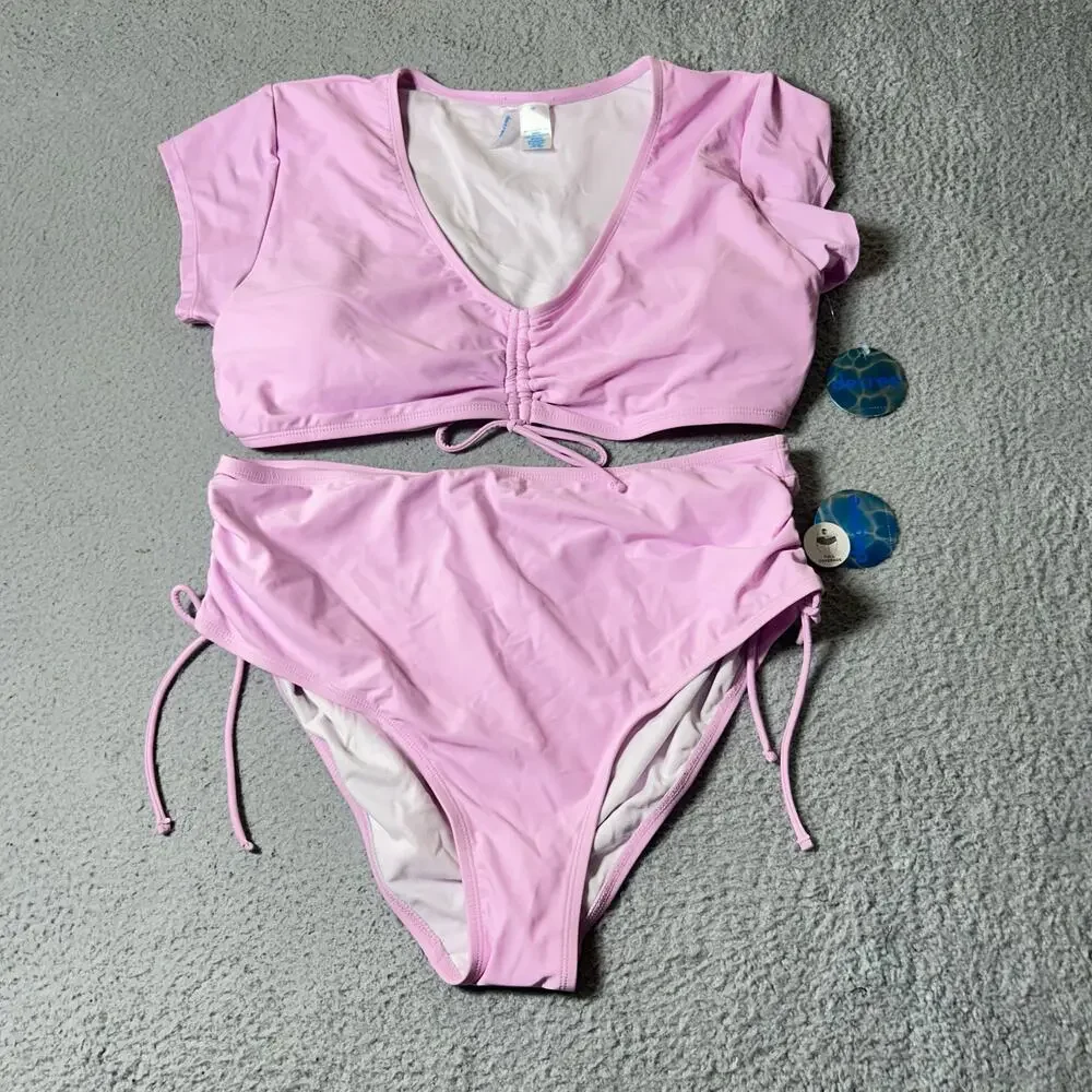 Decree Bikini Swimsuit Womens 1X Pink Full Coverage High Rise 2 Piece NEW
